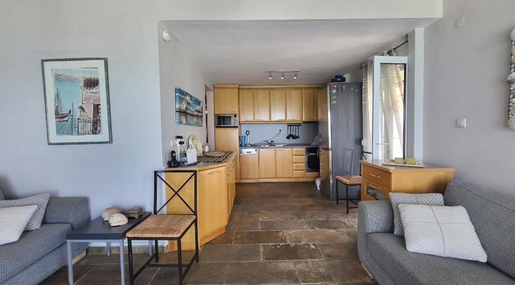 salon z kanapą i kuchnią w obiekcie Evita Maisonette, Elegant Beachfront apt, Polychrono w mieście Polychrono