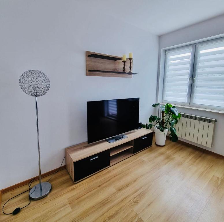 een woonkamer met een flatscreen-tv en een lamp bij Apartament Korzeniowskiego 7 in Przemyśl
