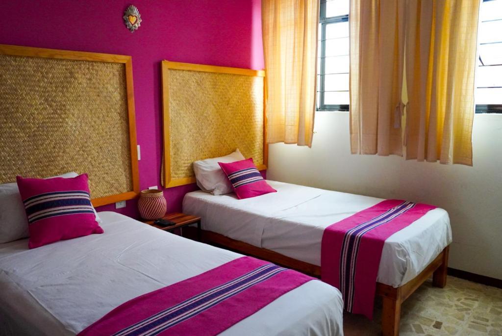 2 letti in una camera con pareti e finestre rosa di HOSTAL CHOCOLATE CALENDA a Città di Oaxaca