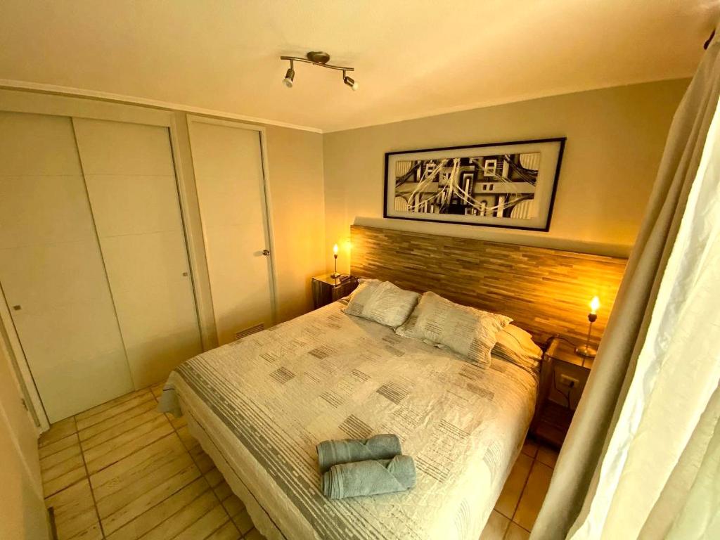 ein Schlafzimmer mit einem großen Bett mit zwei Kissen in der Unterkunft Acuña & Donoso Apartamentos Centro in Santiago