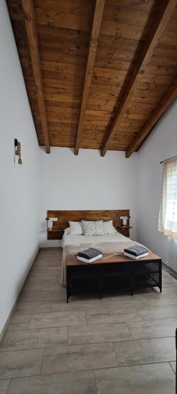um quarto com uma cama e um tecto de madeira em Apartamento Soniando en Guara em Buera