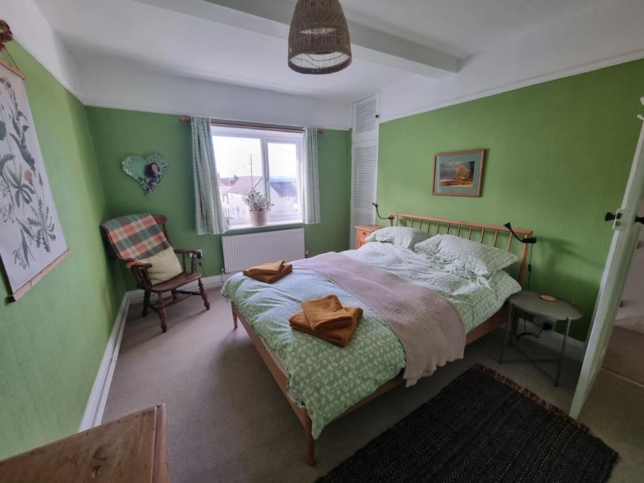 a bedroom with green walls and a bed and a window at Cheerful two bedroom cottage in the Forest of Dean in Lydbrook