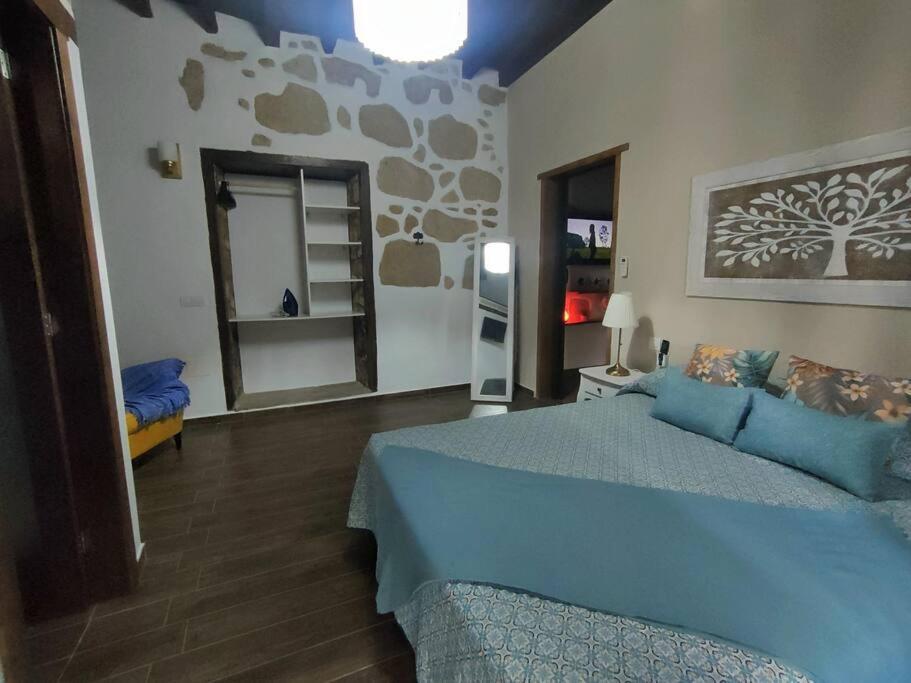 ein Schlafzimmer mit einem blauen Bett und einem Spiegel in der Unterkunft Casita Aljibe in San Miguel de Abona