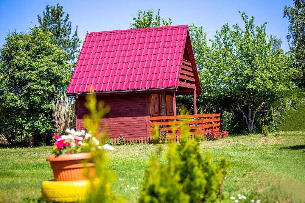 een klein huis met een rood dak en een bloempot bij Dom Koprowo in Międzywodzie