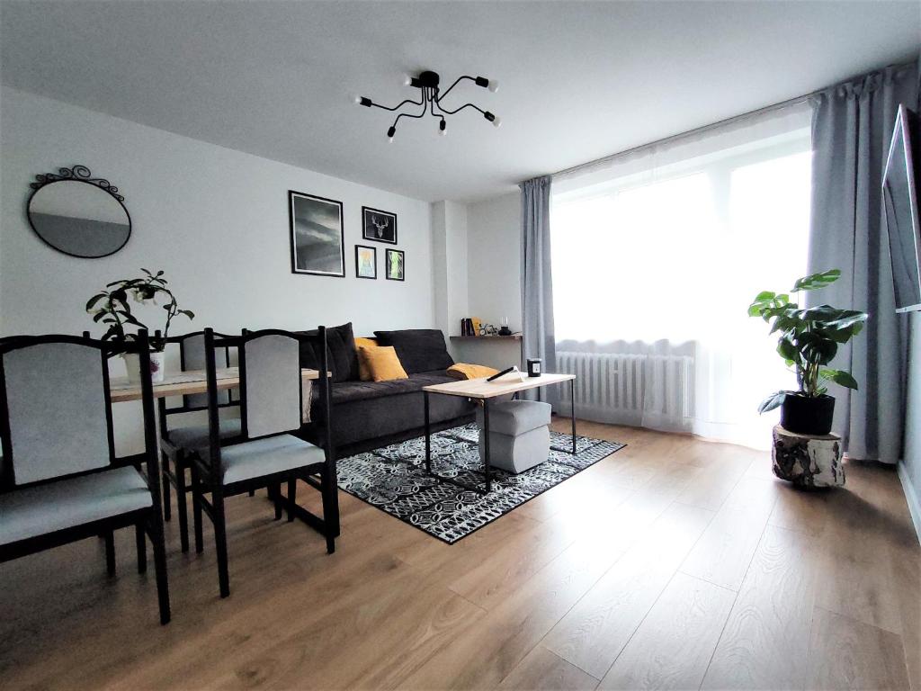 een woonkamer met een tafel en een bank bij Apartament Mineralny in Krynica Zdrój