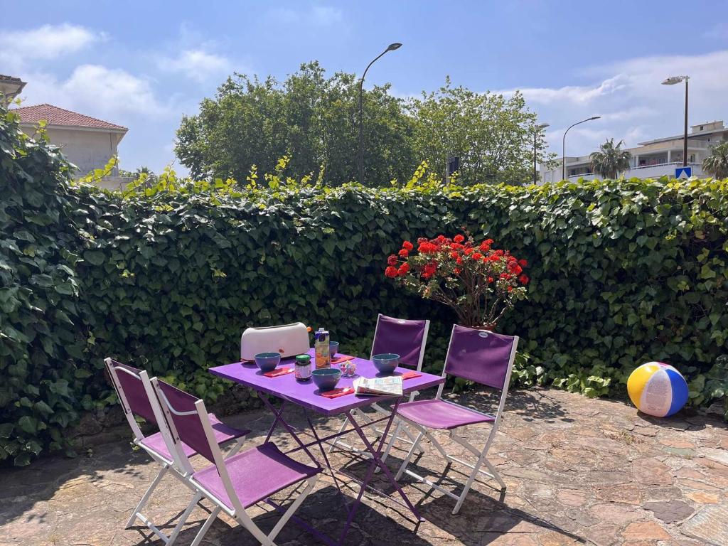 une table violette avec quatre chaises et une balle dans l'établissement Appartement T2 avec Terrasse et Parking Privé à 300m de Port Fréjus - FR-1-226A-58, à Fréjus