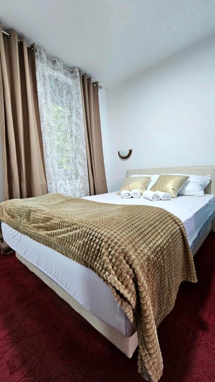 ein Schlafzimmer mit einem Bett mit einer Decke darauf in der Unterkunft River View - Danube in Čelarevo