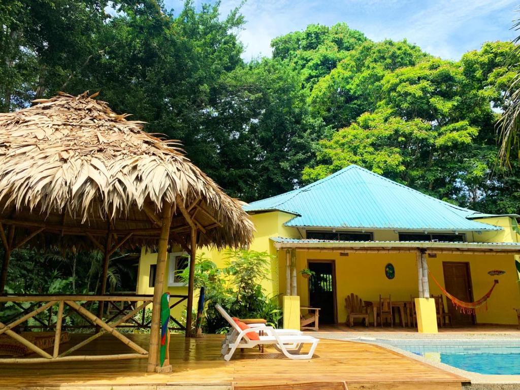 曼薩尼約的住宿－Private Villa on 2-Acres of Jungle Garden & Pool，一座带游泳池和稻草屋顶的房屋