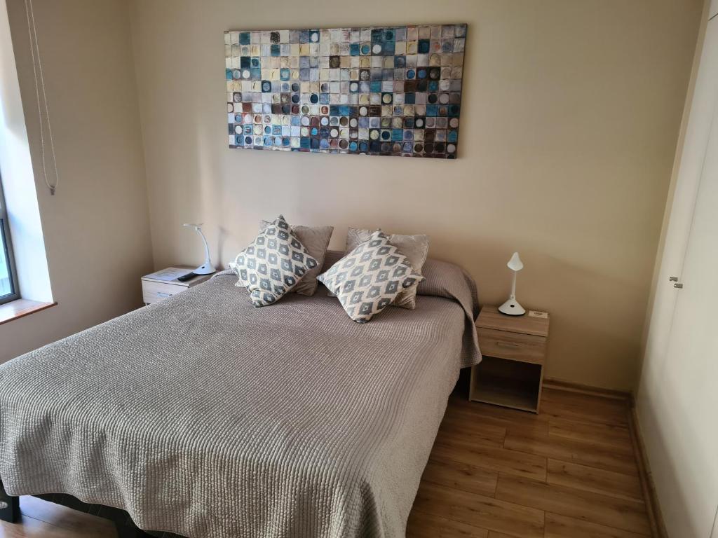 1 dormitorio con 1 cama con 2 almohadas en Excelente departamento en Las Condes en Santiago