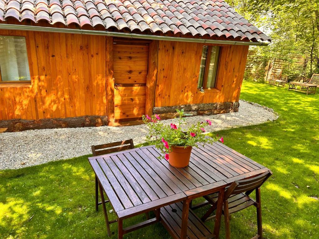 una mesa de madera con flores delante de una cabaña en Chalet Privé Cosy, en Malaussène