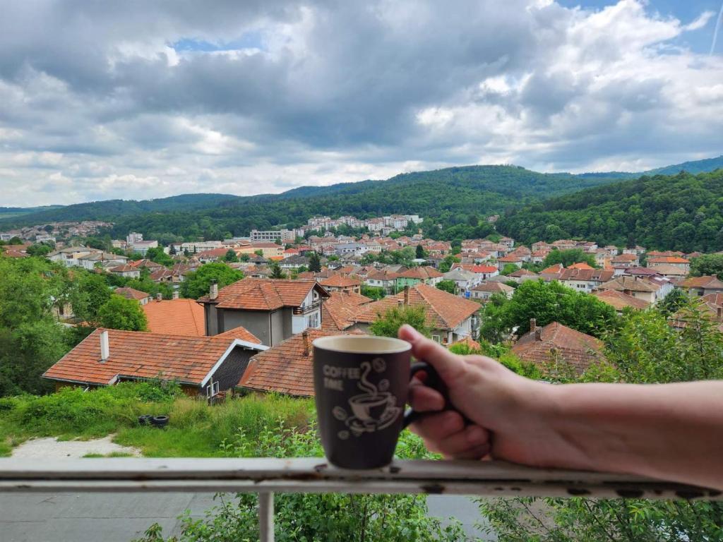 una persona che tiene una tazza di caffè sul balcone di Апартамент Панорамна гледка a Tryavna