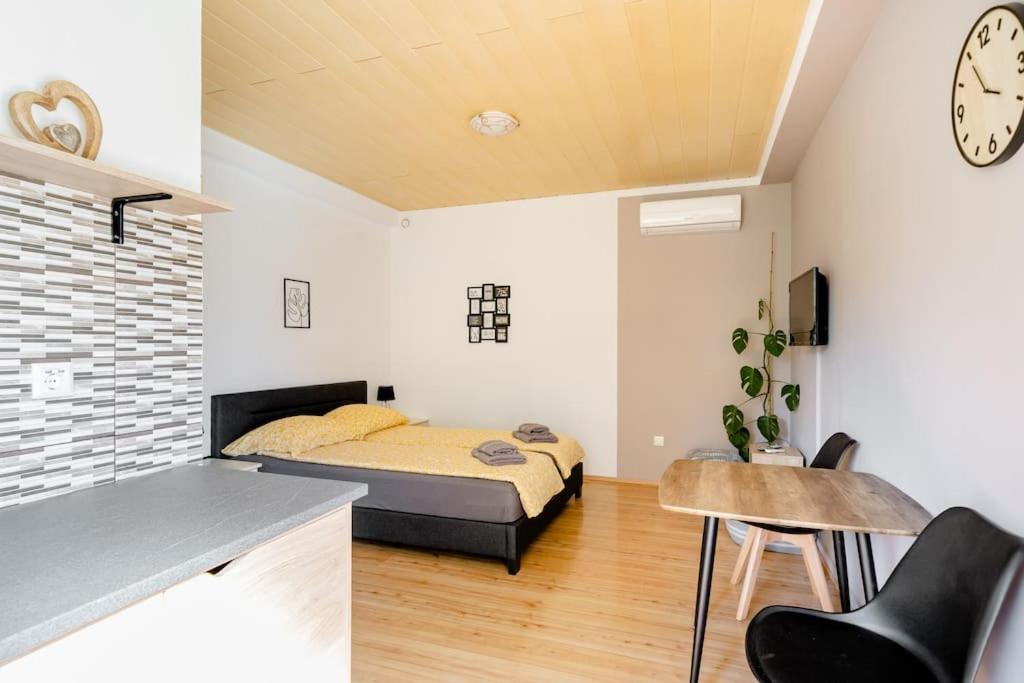 - une chambre avec un lit et un bureau dans l'établissement Airport Garden Room, à Čilipi
