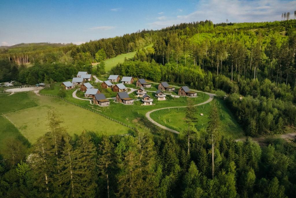 an aerial view of a village in a forest at Bergdorf LiebesGrün in Schmallenberg