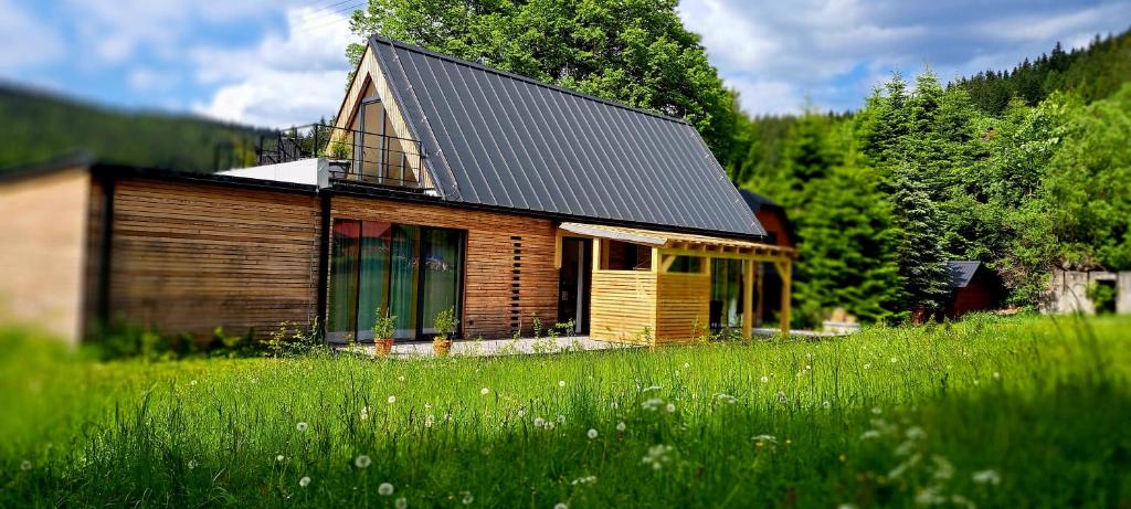 a small wooden house in a field of grass at Pod Beskydem, Velké Karlovice in Velké Karlovice