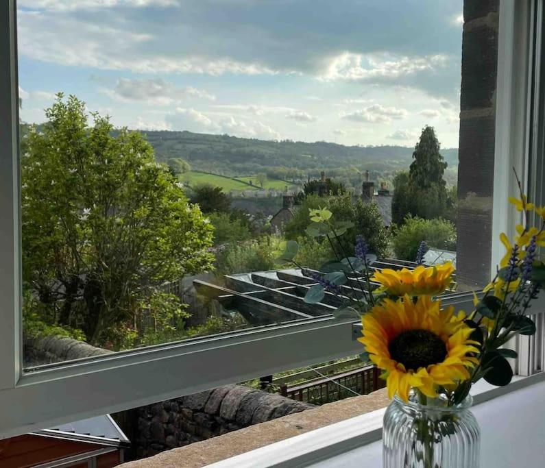 a vase of flowers sitting on a window sill with a view at Fabulous Flat close to Town & Countryside, Matlock in Matlock