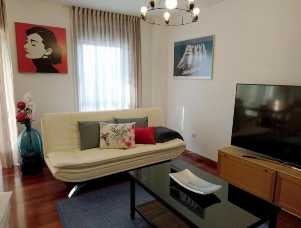 a living room with a couch and a flat screen tv at HHC - Duplex Concheiros, 4 bedrooms, 3 bathroom, a 700m de la Catedral in Santiago de Compostela