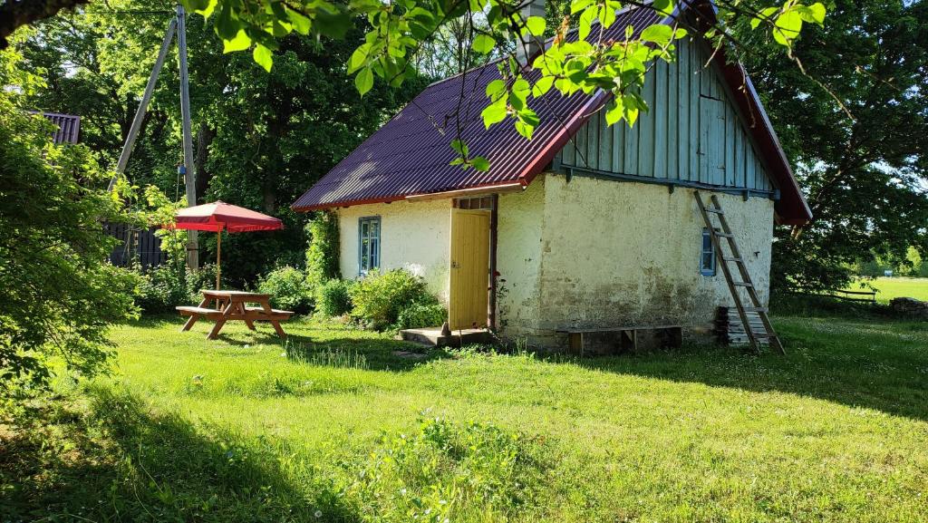 una pequeña casa con mesa de picnic y techo rojo en Viini puhkemaja, en Myustelʼ