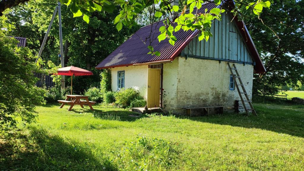 a small house with a picnic table and a red roof at Viini puhkemaja in Myustelʼ