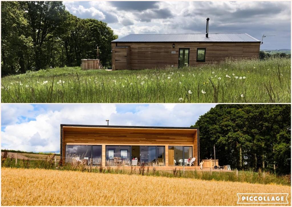 two pictures of a house in a field at Orchard Hideaway in Kelso