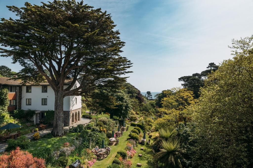 a view of a garden with a tree and a building at Hotel Meudon in Falmouth