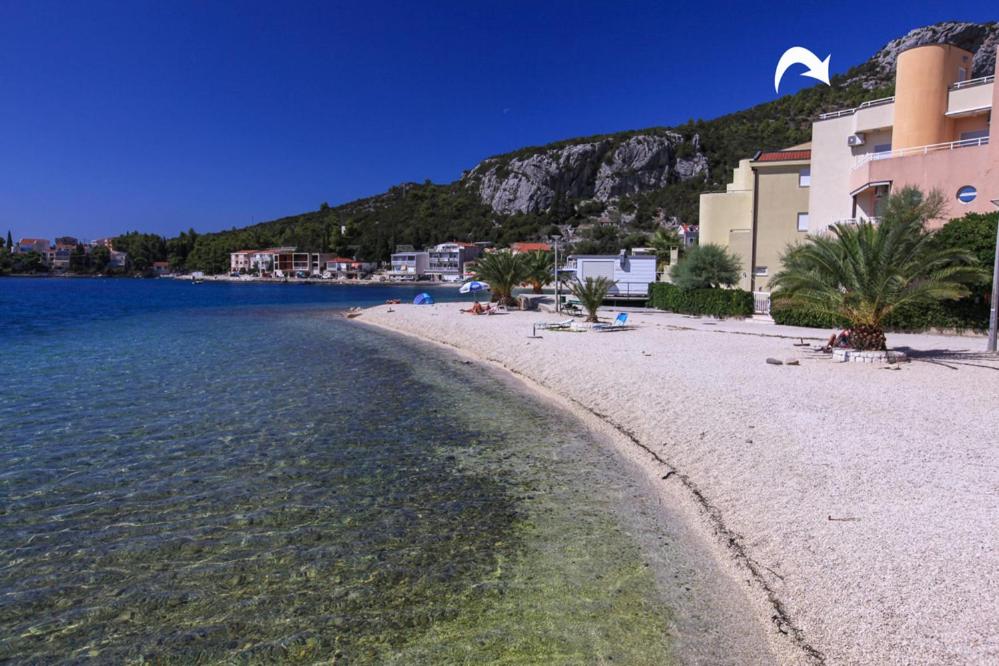 a beach with trees and buildings next to the water at Apartment Pali in Klek