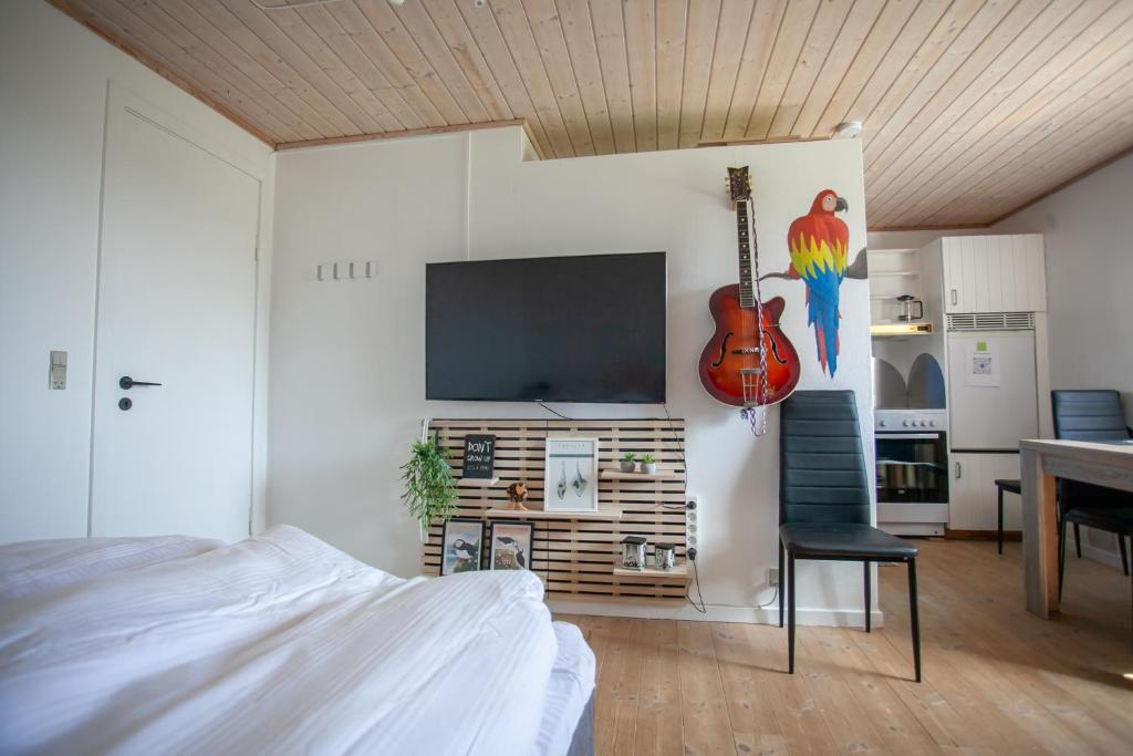 a bedroom with a tv and a guitar on a wall at Studio Apartment / 20min From City Center / Tórshavn in Tórshavn