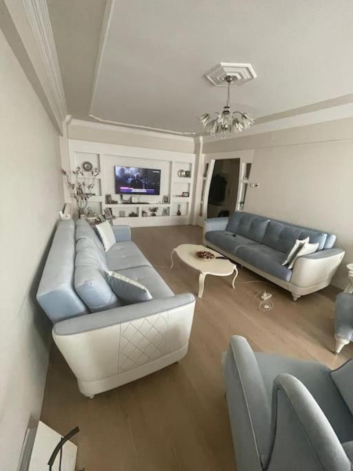 uma sala de estar com dois sofás e uma televisão em Cadde Üstü, Deniz Manzaralı Ferah bir daire em Gemlik
