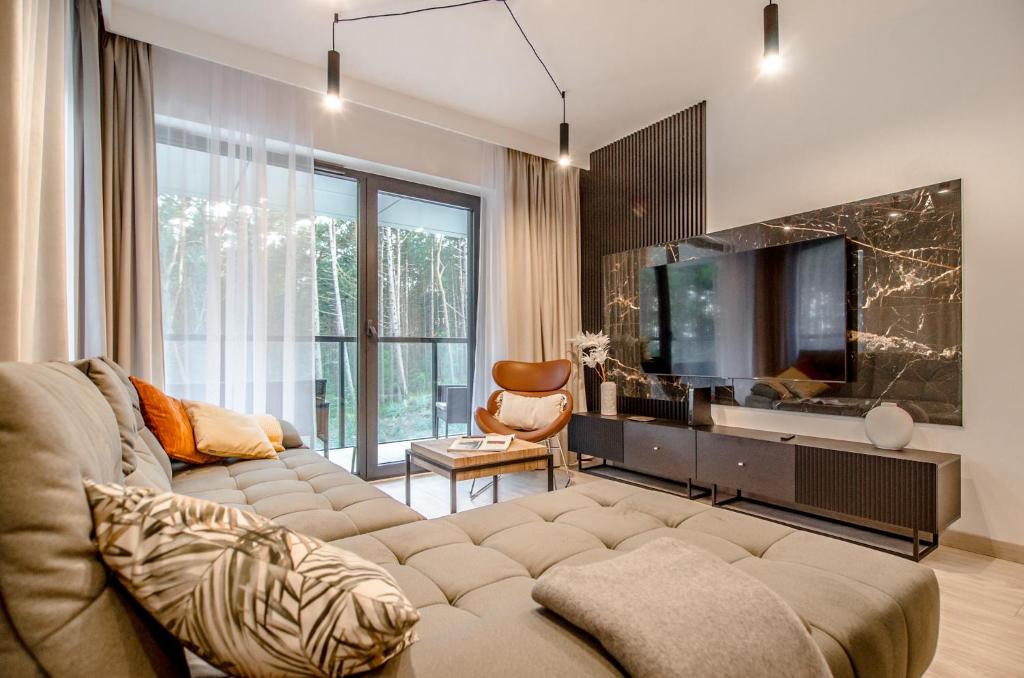 salon z kanapą i telewizorem w obiekcie Apartamenty Premium Shellter Rogowo - ALL DAY HOLIDAY w Rogowie