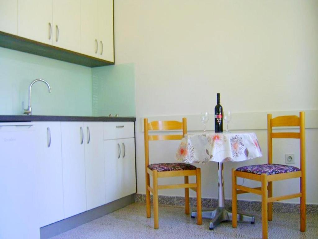 - une cuisine avec une table et 2 chaises ainsi qu'une bouteille de vin dans l'établissement Apartments Garden-Cavtat, à Cavtat