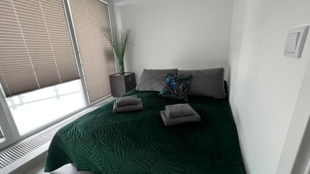 - une chambre avec un lit vert avec des oreillers et une fenêtre dans l'établissement Porta Mare - Dziwnówek - Ferienappartment an der polnischen Ostsee, à Dziwnówek