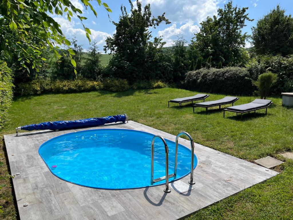 uma piscina com um tubo azul num quintal em Chalupa Měňany - Karlštejn em Beroun