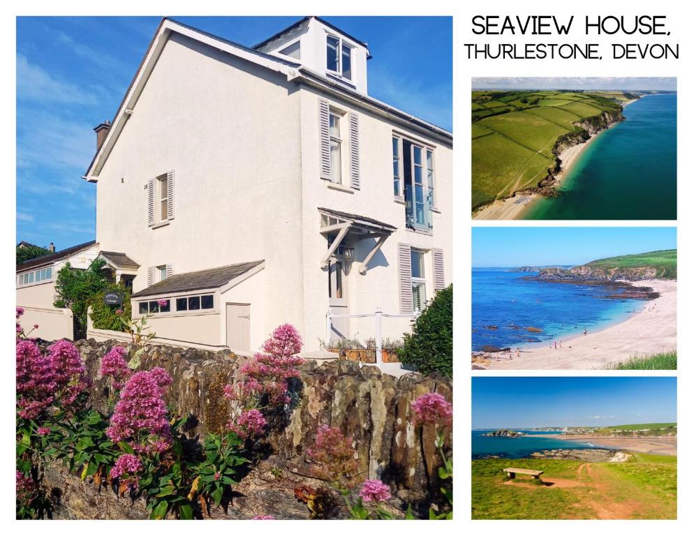 a collage of pictures of a house and a beach at Seaview House in Thurlestone