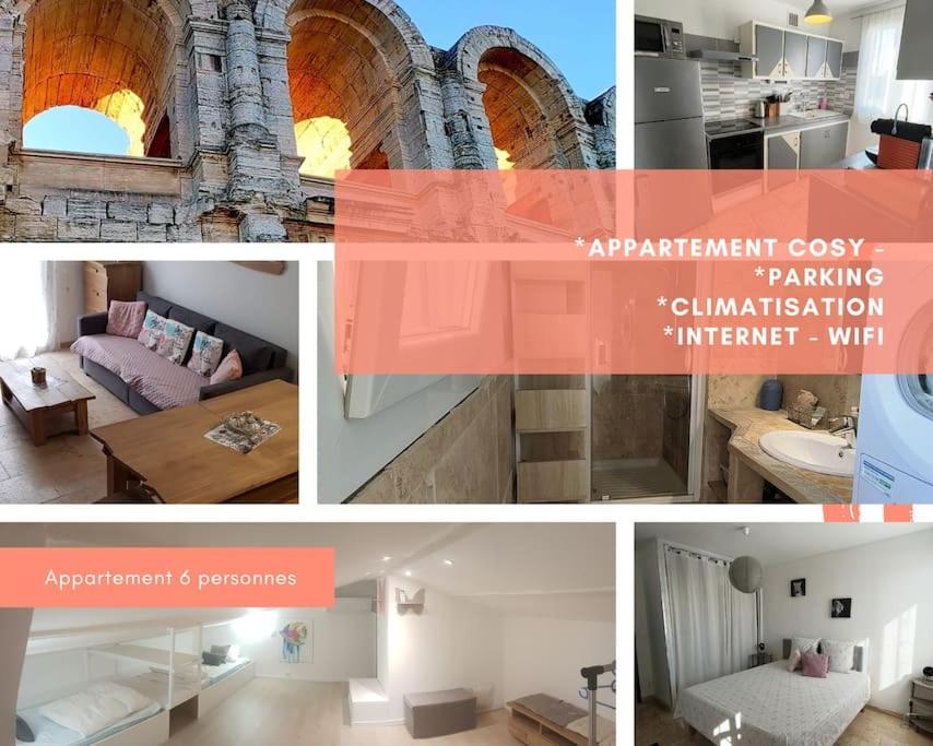 a collage of photos of a living room and an apartment at L'Escala Arles Centre in Arles