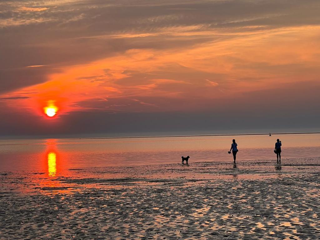 two people and a dog on the beach at sunset at Pebble Stones in Hunstanton