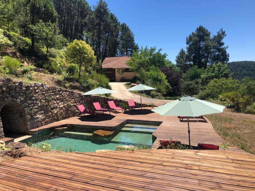 - une piscine avec des chaises et des parasols sur une terrasse en bois dans l'établissement Le Nid des Anges, à Saint-André-Lachamp