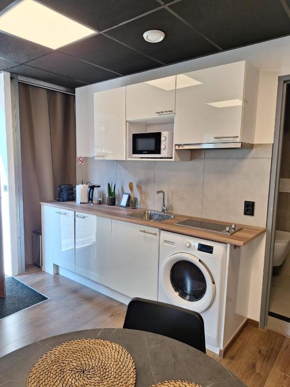 eine Küche mit einer Waschmaschine und einer Mikrowelle in der Unterkunft Beautiful studio 14F in chic neighborhood in center in Rotterdam