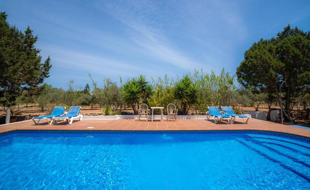 uma piscina com cadeiras azuis e uma mesa em Siamoformentera Villa Beatrice em Es Migjorn