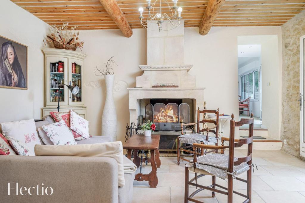 a living room with a couch and a fireplace at Mas du Rocher I Electio in Puget