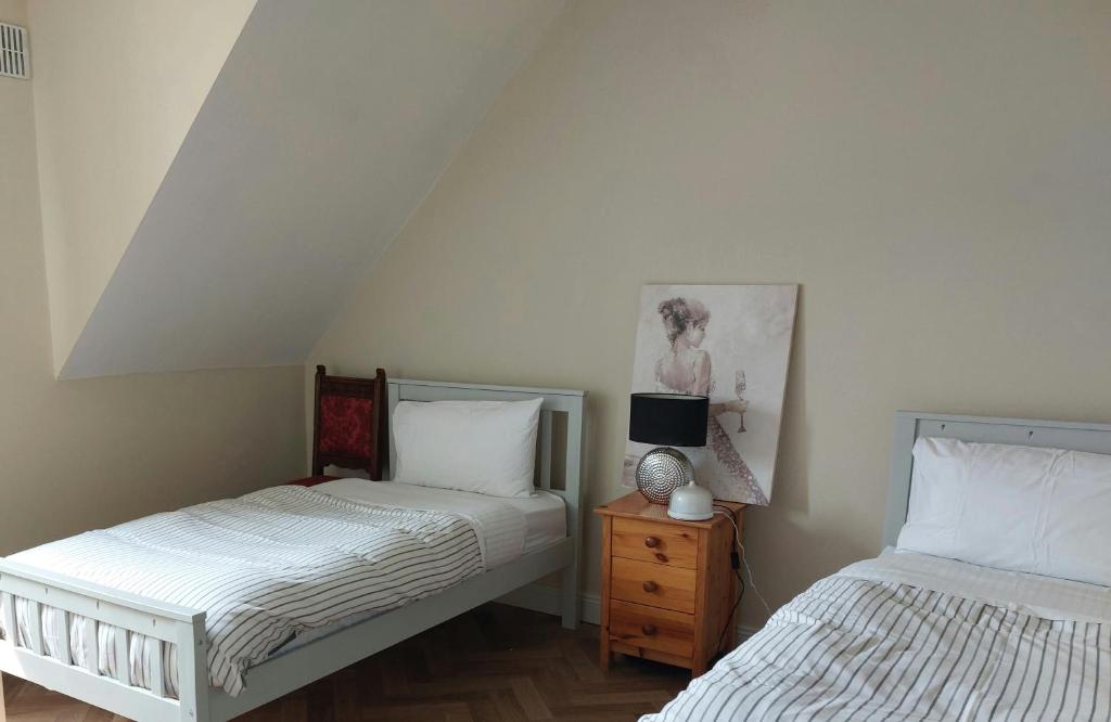 a bedroom with two beds and a dresser with a lamp at Cathedral Court in Ennis