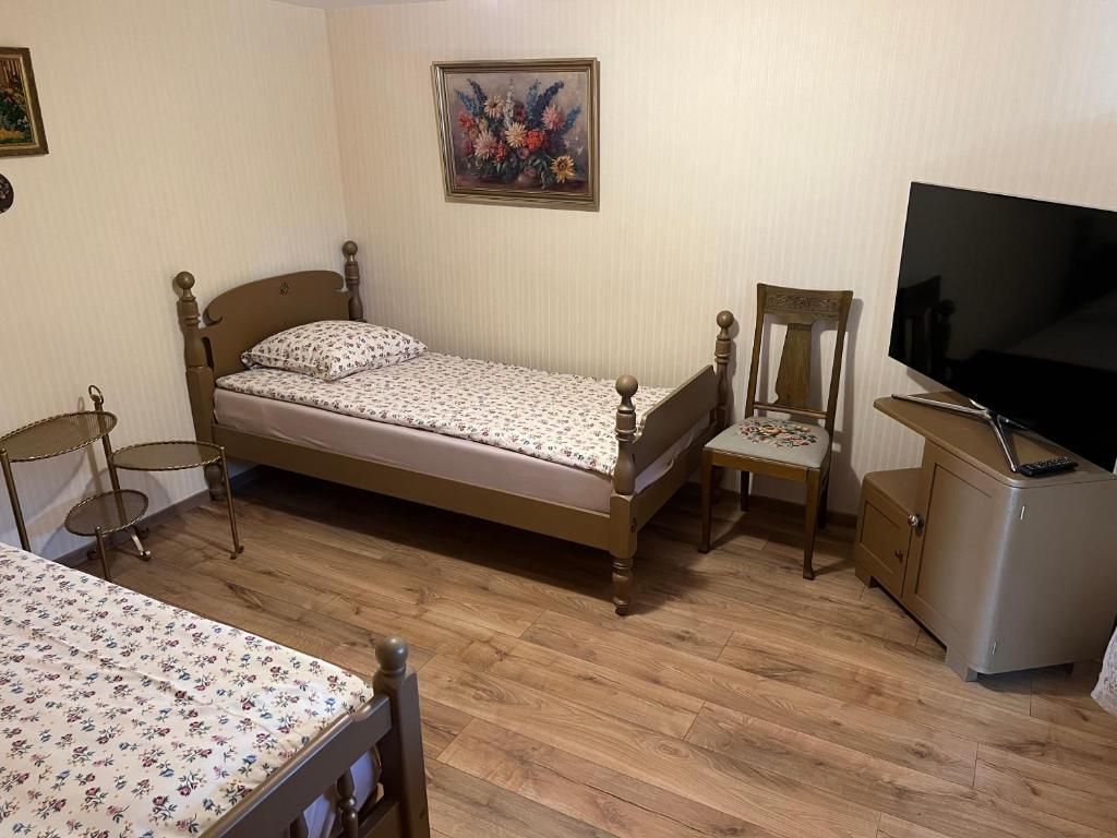 比爾札伊的住宿－Arbatinės apartamentai - Močiutės namelis，客房设有两张床和一台平面电视。