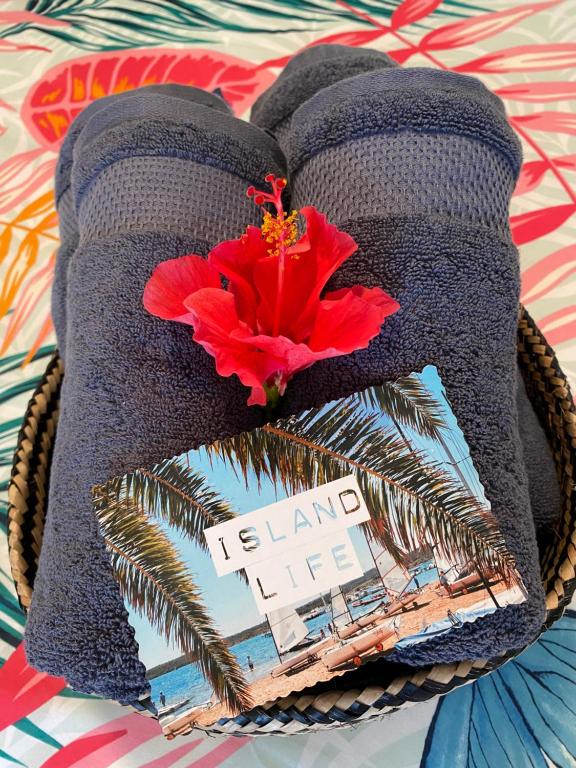 a pair of towels with a red flower in a basket at The Blue Beach Apartment in Sa Ràpita