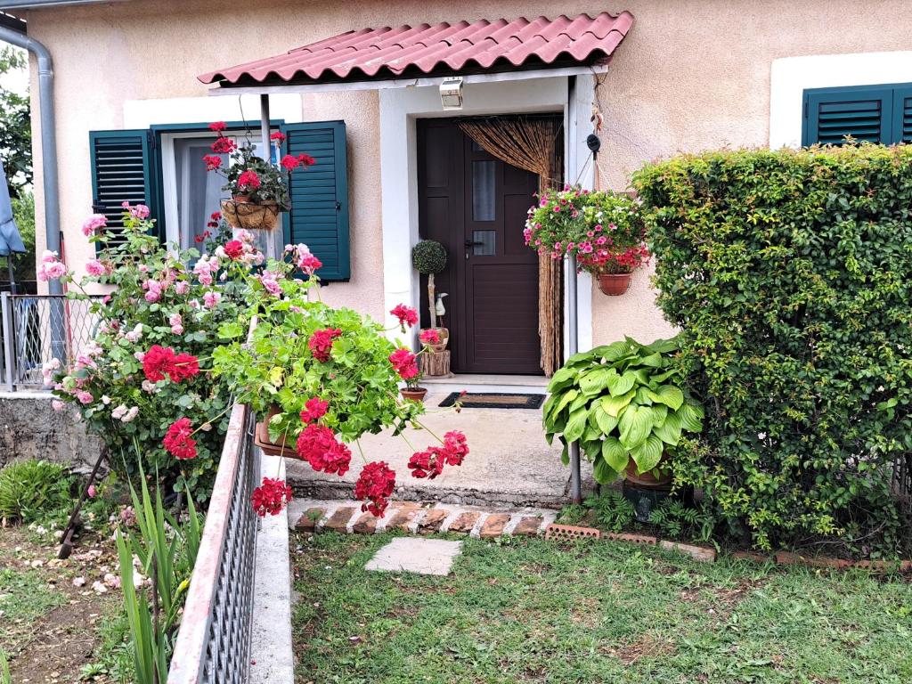 a house with flowers in front of a door at Holiday Home Goga in Drniš