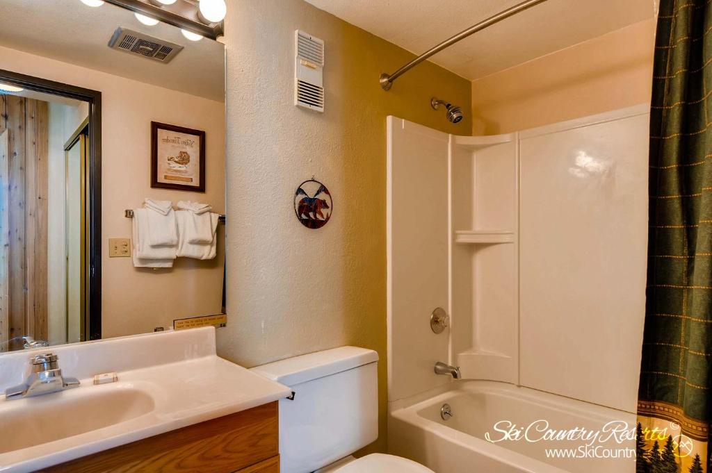 La salle de bains est pourvue d'un lavabo, de toilettes et d'une baignoire. dans l'établissement Rustic Charm Meets Comfort, Homey and Affordable with Scenic Mountain Views TE112, à Breckenridge