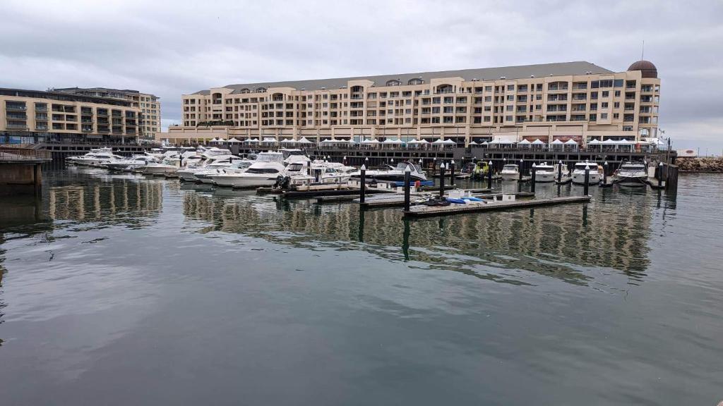 a marina with boats docked in front of a building at Glenelg resort style beachside apartment in Glenelg