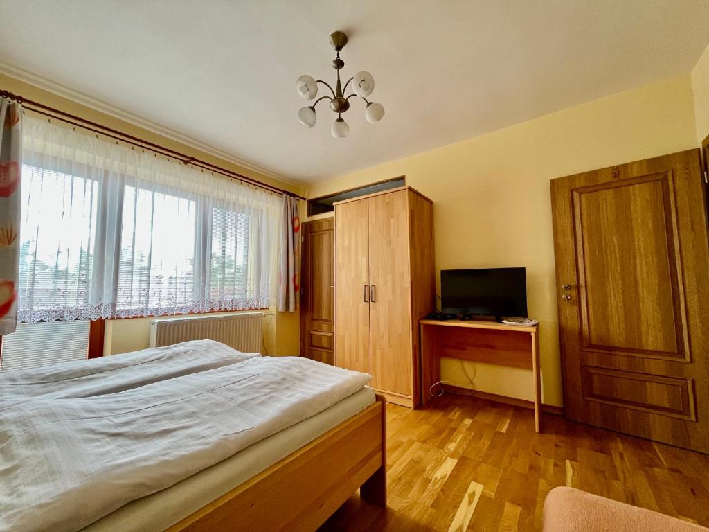 1 dormitorio con 1 cama, TV y ventana en Privat u Eriky, en Stará Lesná