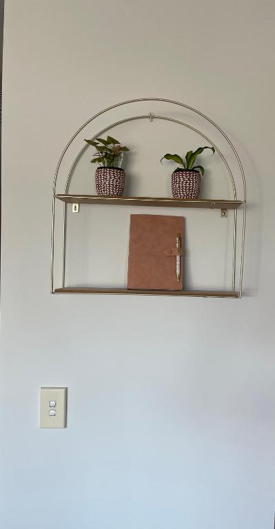 a shelf with two potted plants on top of it at Glenelg resort style beachside apartment in Glenelg