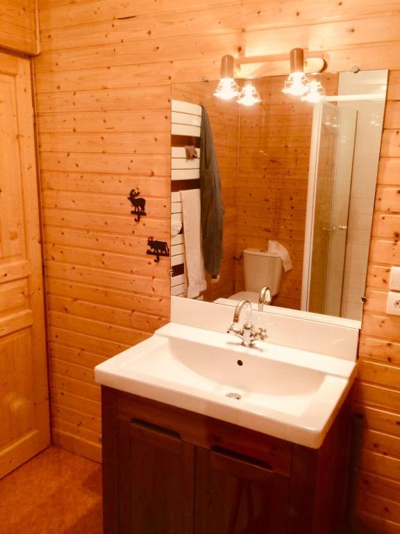 a bathroom with a white sink and a mirror at El Chalet du Père Castor in Bolquere Pyrenees 2000