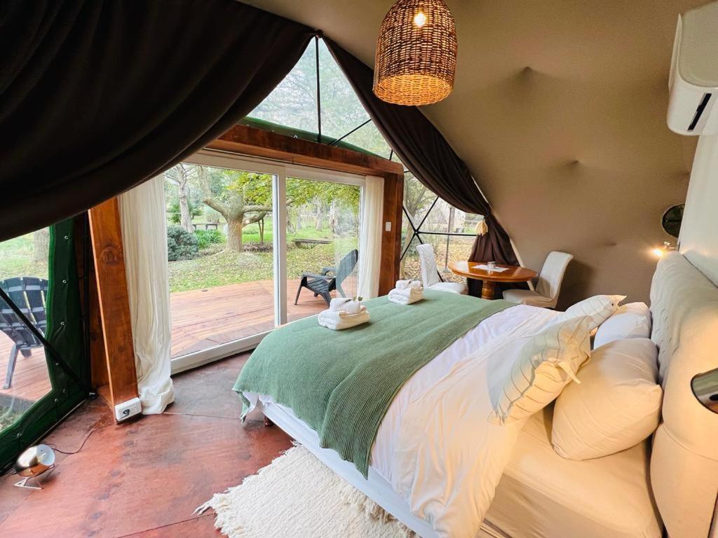 a bedroom with a large bed and a large window at Don Aniceto Lodges & Glamping in Luján