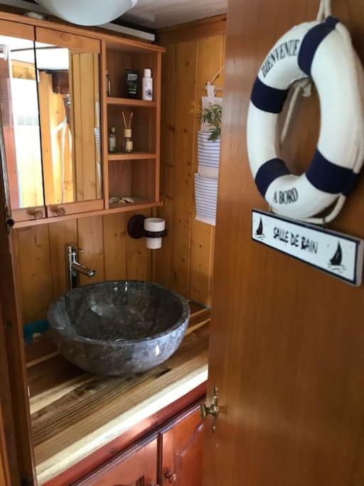 a bathroom with a large stone sink on a counter at Péniche Match in Arles