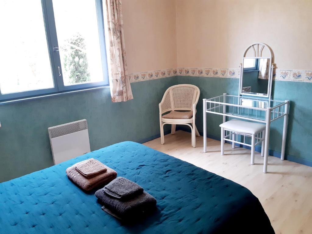 a bedroom with a blue bed and a desk and a mirror at Magnifiques maisons de campagne au sein d&#39;un vignoble in Cazouls-lès-Béziers